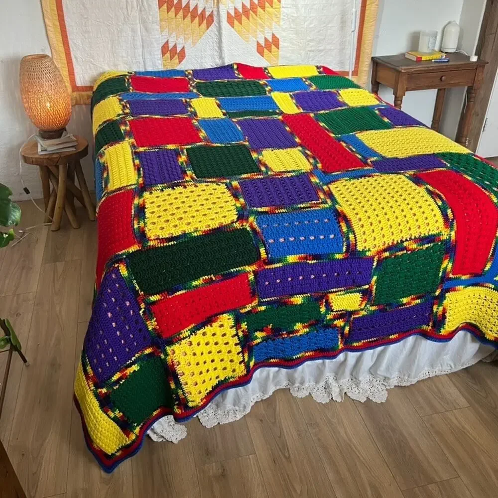 Handmade Crochet Color Block Squares Bedspread Colorful Queen Full 84x94 in